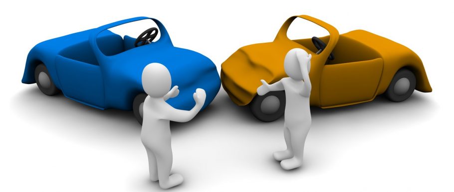 vector image of two cars that have crashed with two stick people standing in front of the cars (for illustrative purposes)